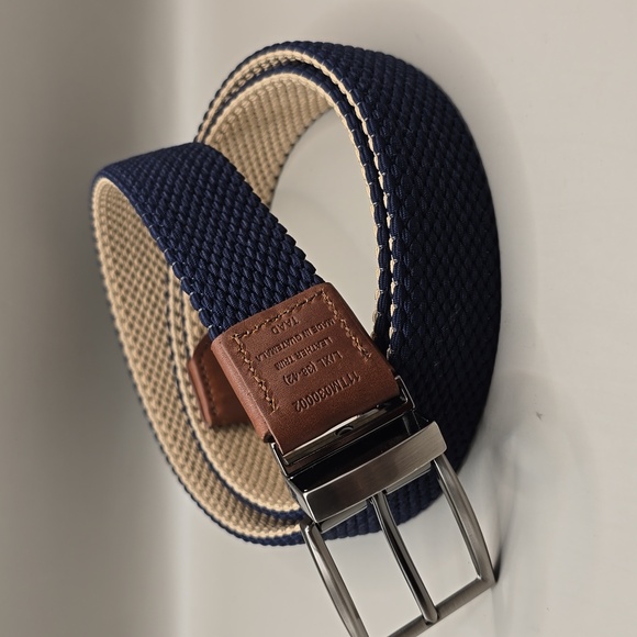 Tommy Bahama Belt Mens L/XL 38-42 Beige Navy Leather Reversible Stretch Weaved - Picture 3 of 7